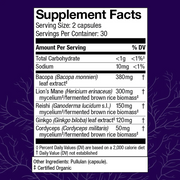 MycoBotanicals Brain capsules, 60-count bottle, Supplement Facts.