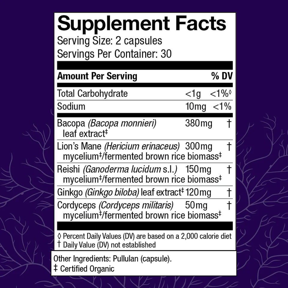 MycoBotanicals Brain capsules, 60-count bottle, Supplement Facts.