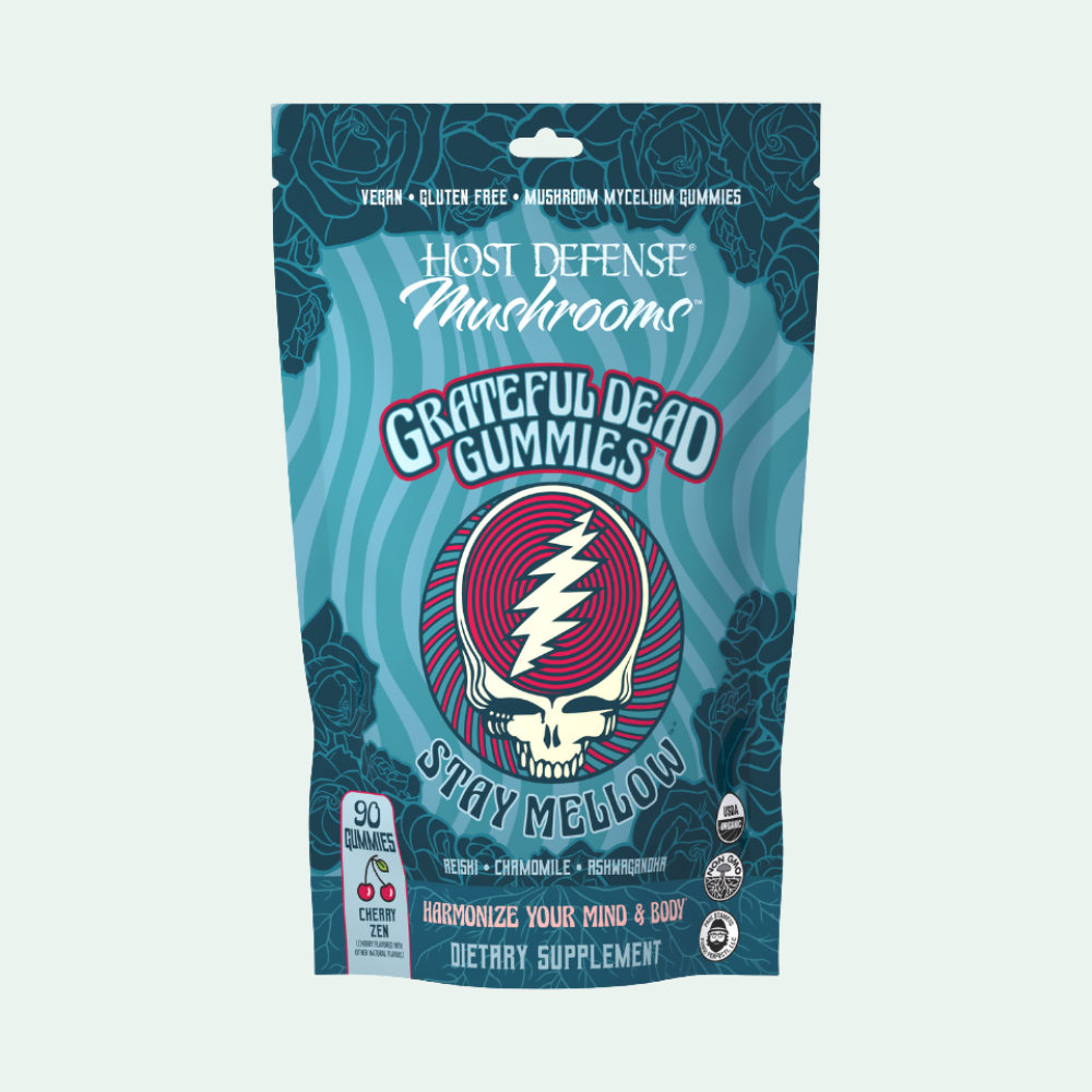 Grateful Dead Gummies - Stay Mellow,  90-count bag, front view of bag.