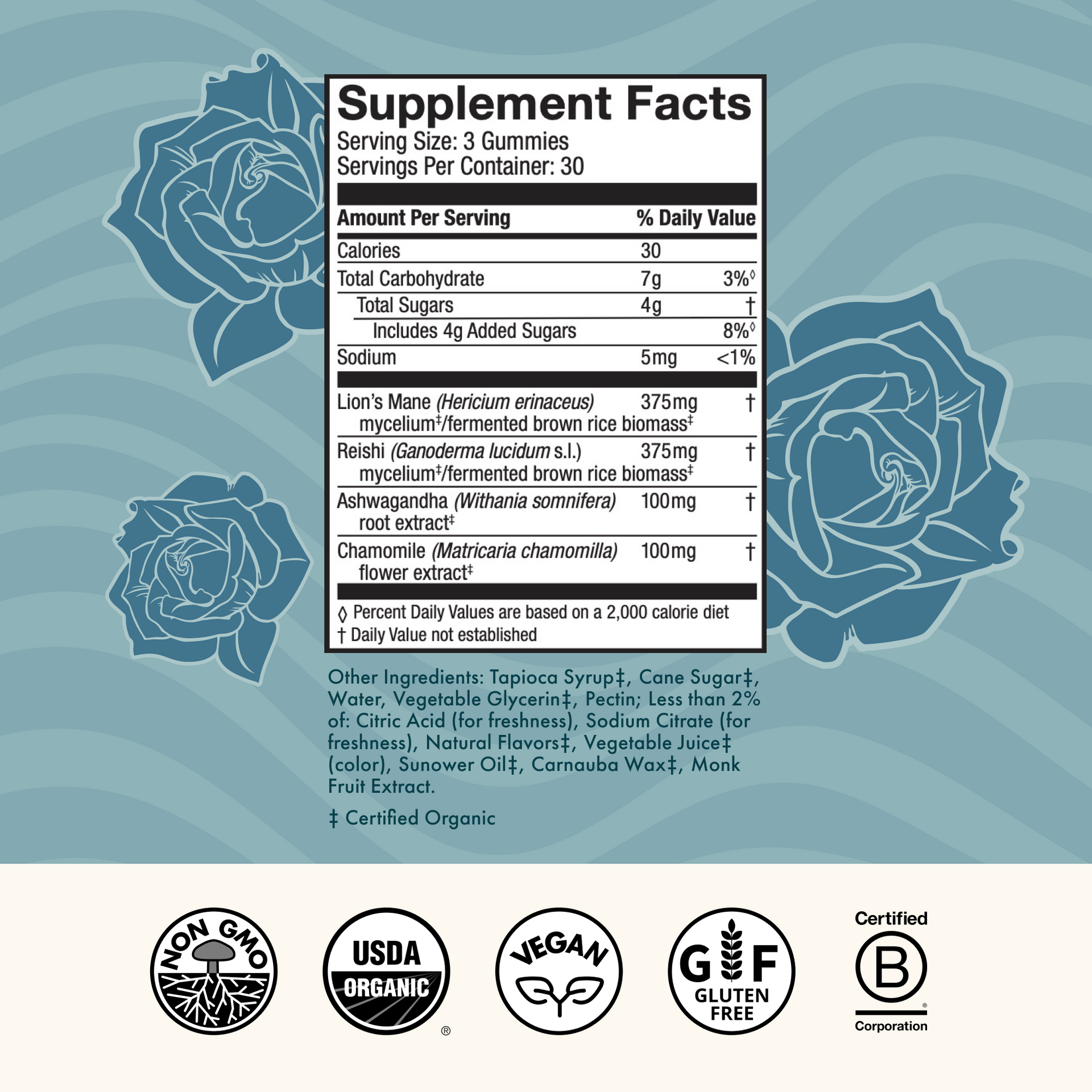 Grateful Dead Gummies - Stay Mellow,  90-count bag, supplement facts.