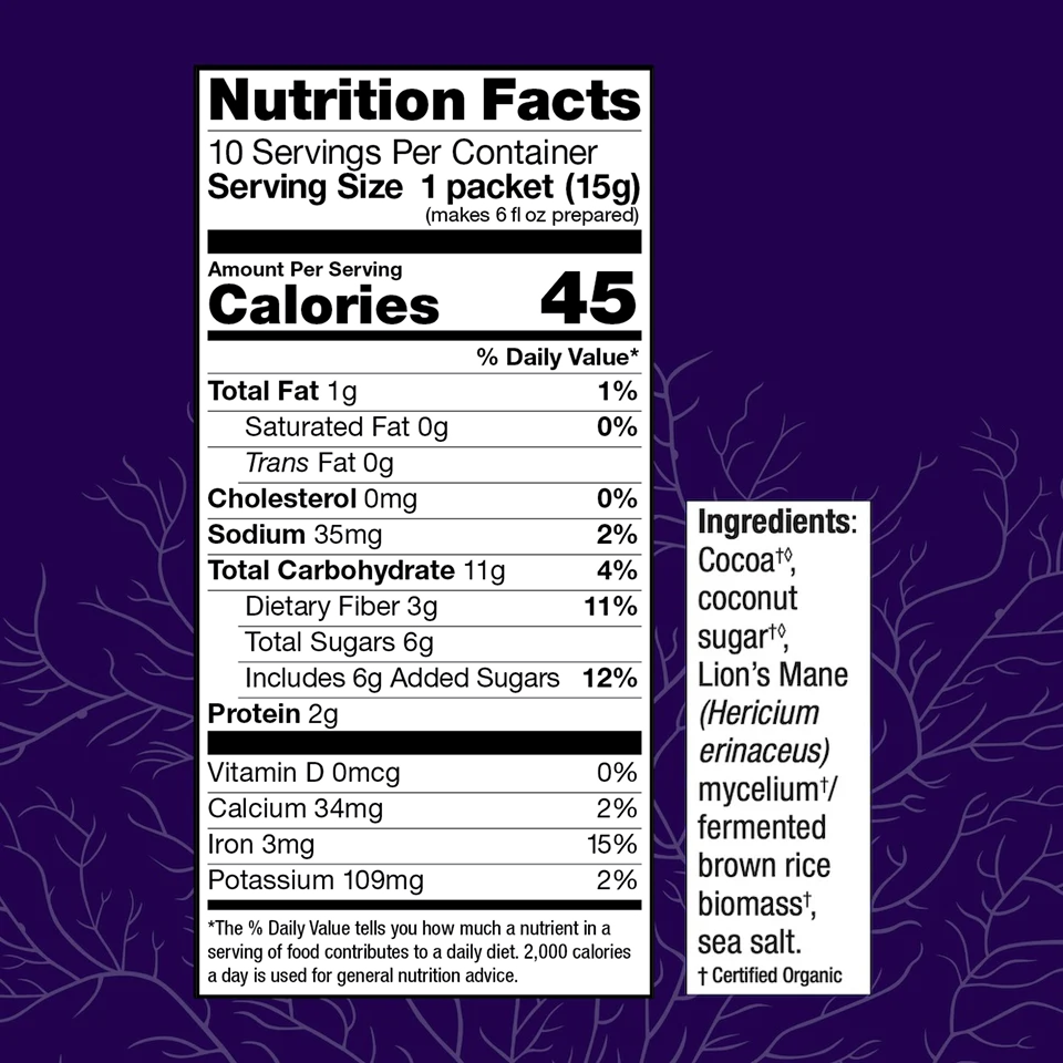 MycoBrew Cocoa, 5 oz box, Nutrition Facts.