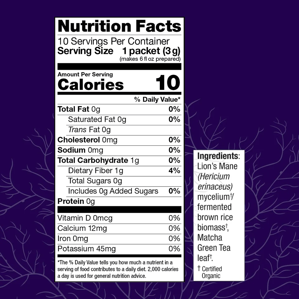 MycoBrew Matcha, 1 oz box, Nutrition Facts.