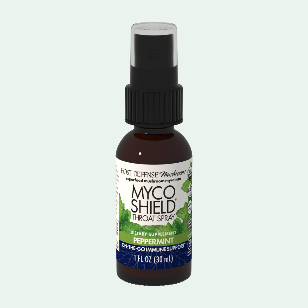 MycoShield Peppermint Throat Spray, 1/2 fl oz bottle, Host Defense Mushrooms ad.
