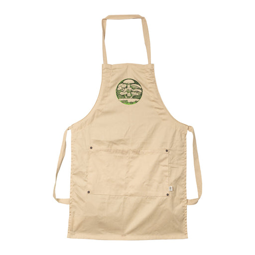 Mushroom Chef's Apron - This 100% organic cotton apron boasts a beautiful illustration of a medley of gourmet mushrooms against a green background.