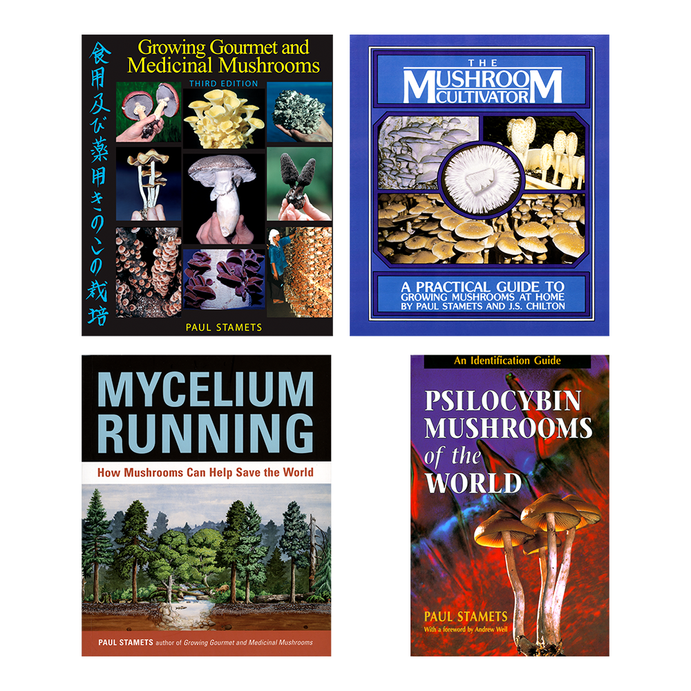 Buy four books by Paul Stamets for a special discount price:  Growing Gourmet & Medicinal Mushrooms, The Mushroom Cultivator, Psilocybin Mushrooms of the World, and Mycelium Running