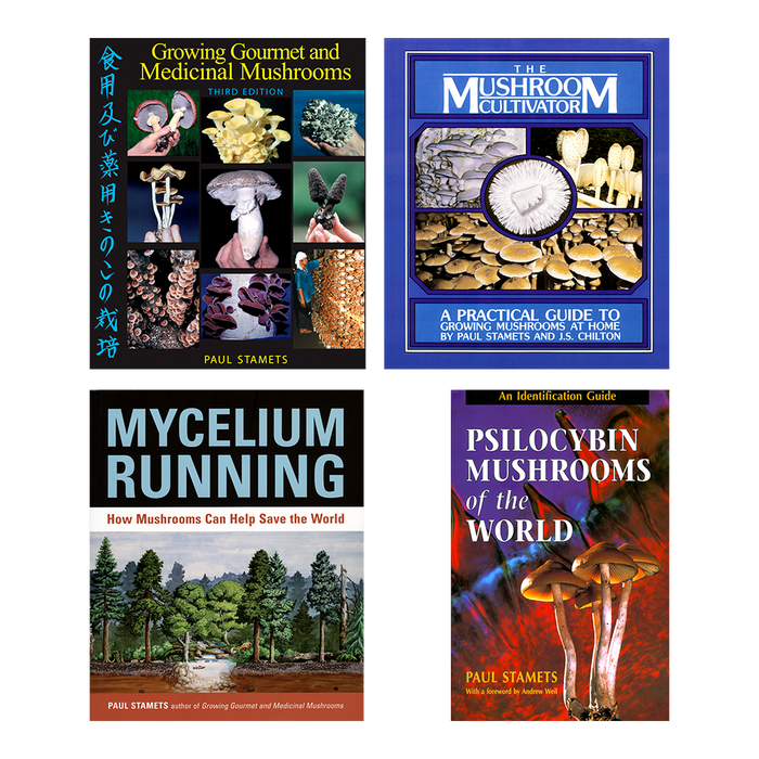 Buy four books by Paul Stamets for a special discount price:  Growing Gourmet & Medicinal Mushrooms, The Mushroom Cultivator, Psilocybin Mushrooms of the World, and Mycelium Running